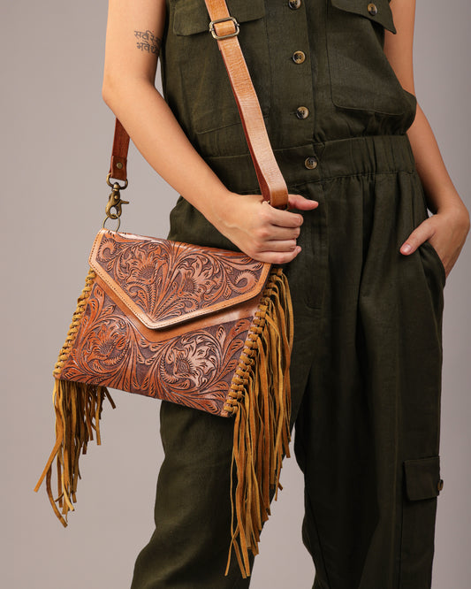 Artisan Tooled Leather Fringe Bag