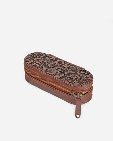 Brown Carved Wood & Leather Glass Case