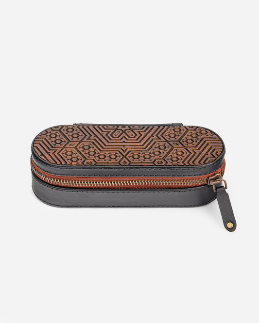 Geometric Carved Wooden Leather Sunglasses Case