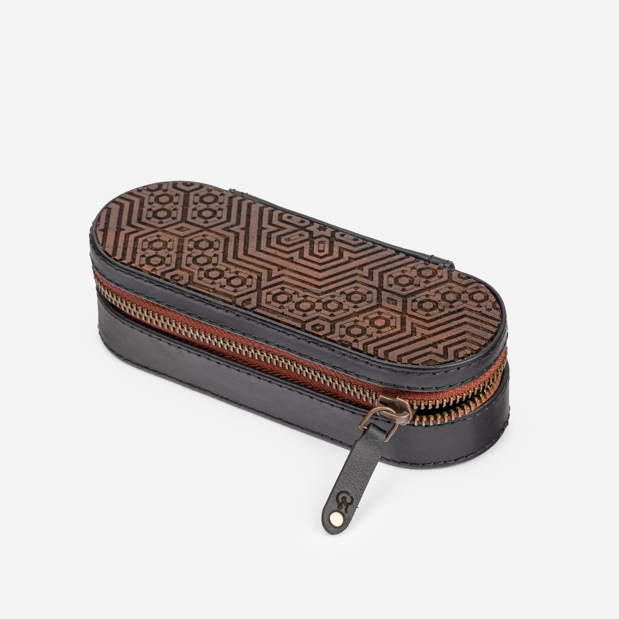 Geometric Carved Wooden Leather Sunglasses Case