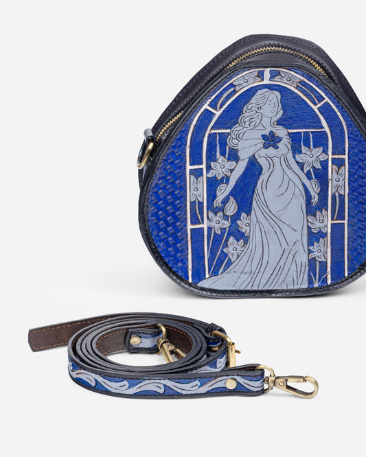 Renaissance Reverie Hand-Tooled Olive & Royal Blue Leather Bag