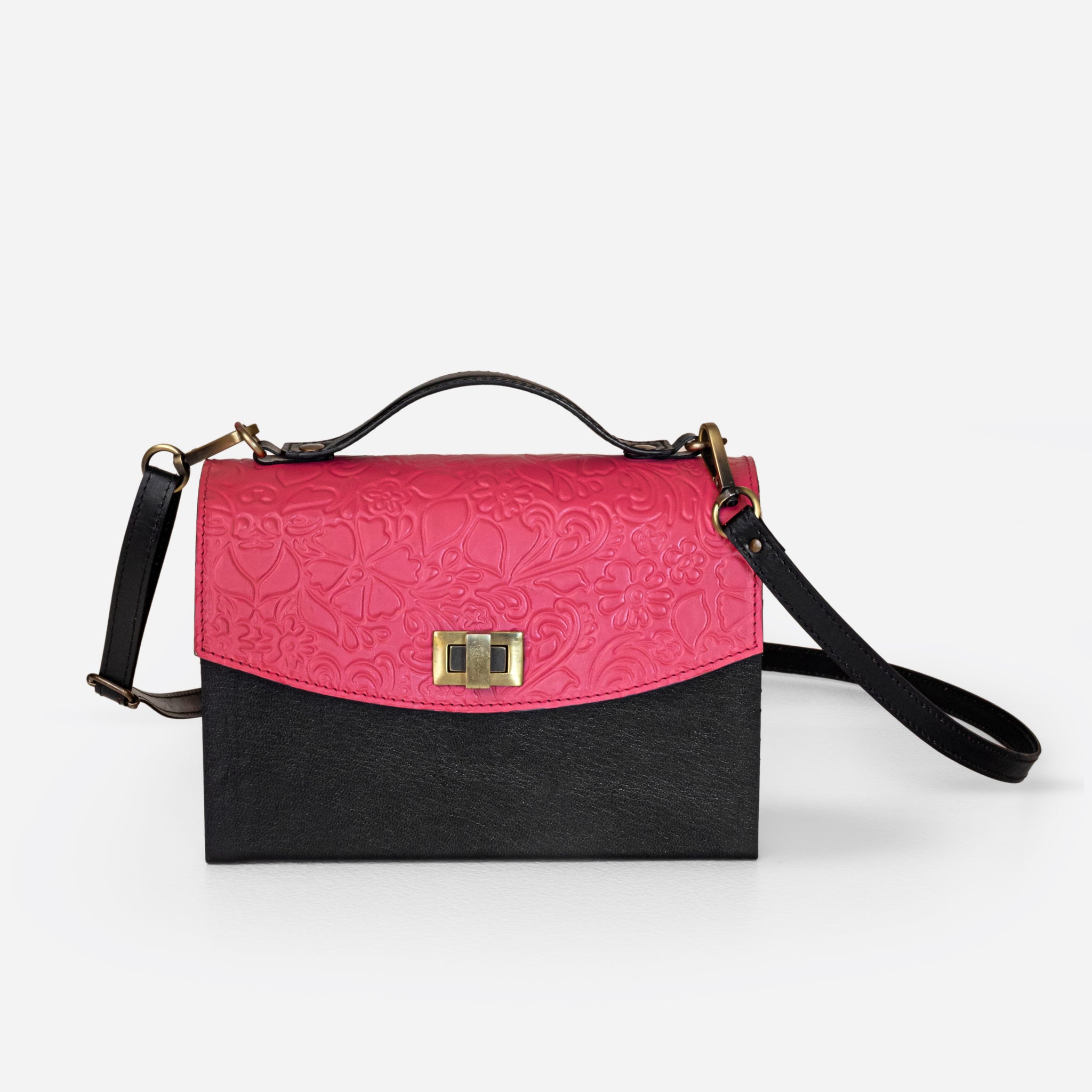 Pink And Black Embossed Leather Crossbody Bag