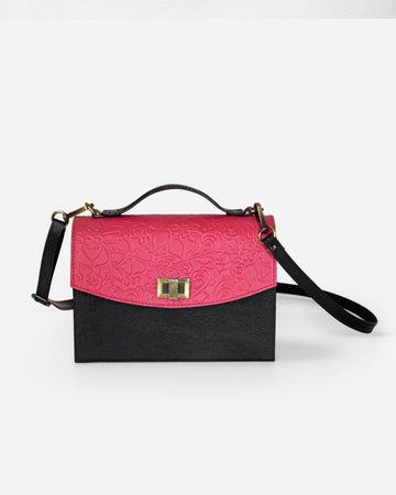 Pink And Black Embossed Leather Crossbody Bag