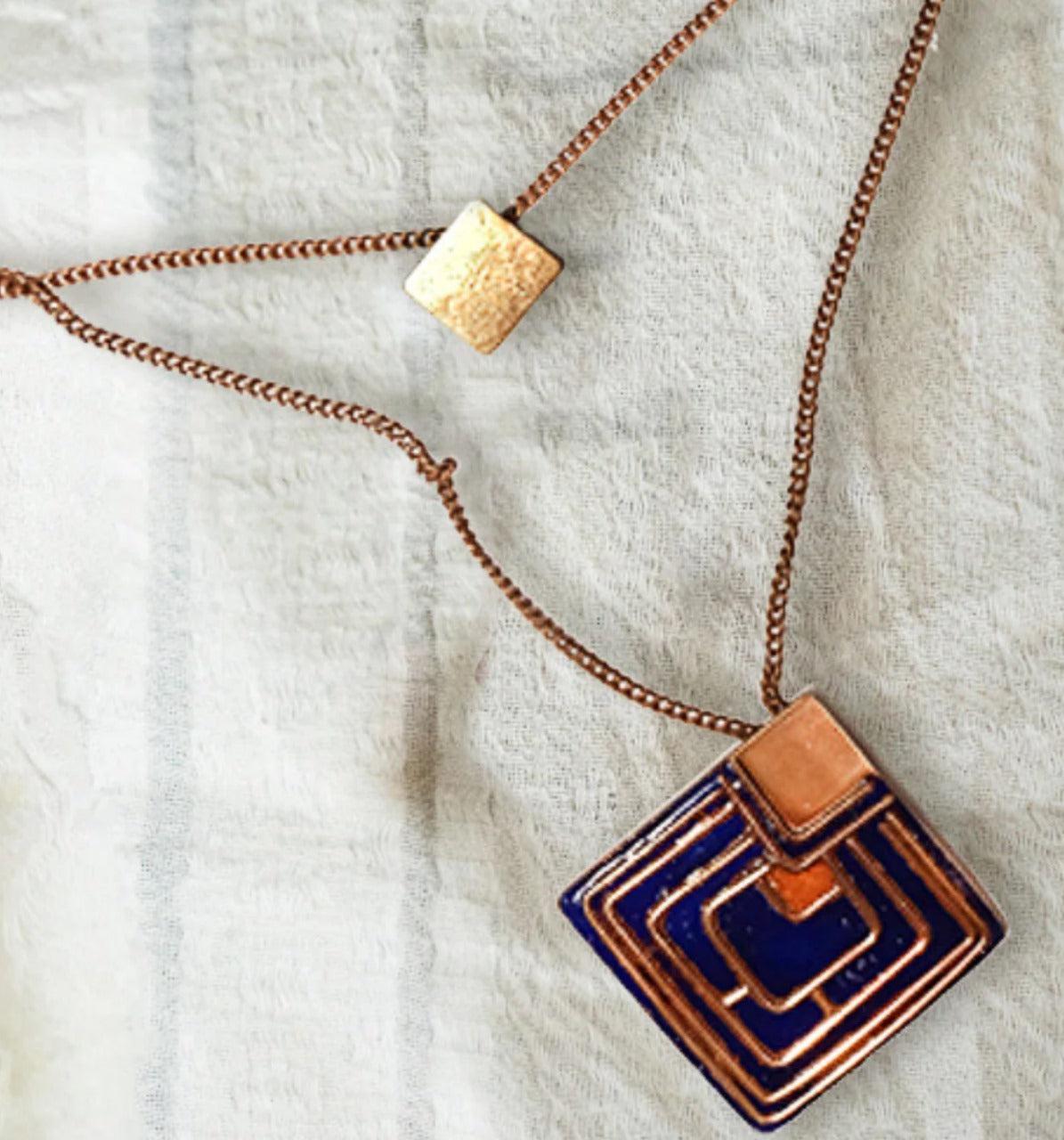 Handmade Blue Rhombus Copper Enamel Set