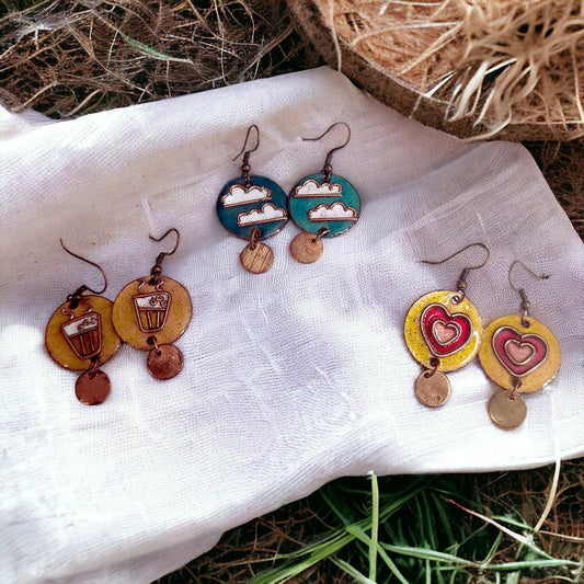 Handmade Copper Enamel Earring Set of 3